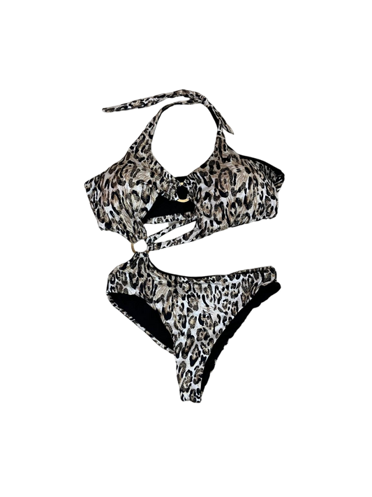 Black one-piece swimsuit with leopard design and open gold ring