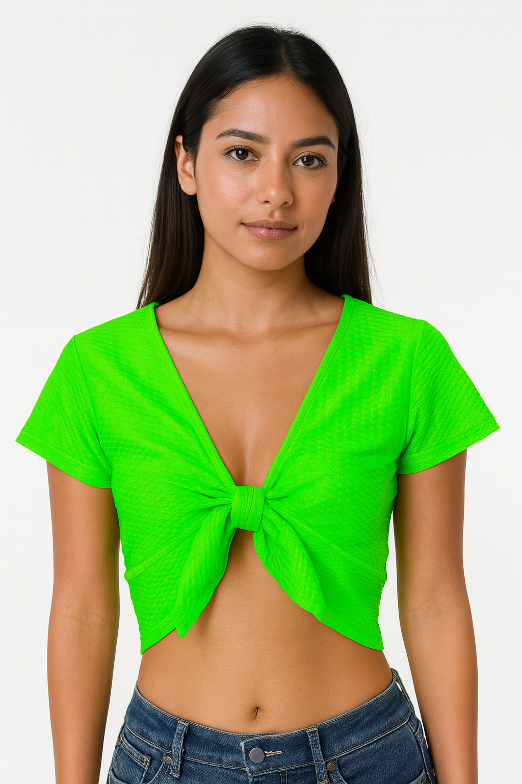 Lycra top with semi-short sleeves and front bow