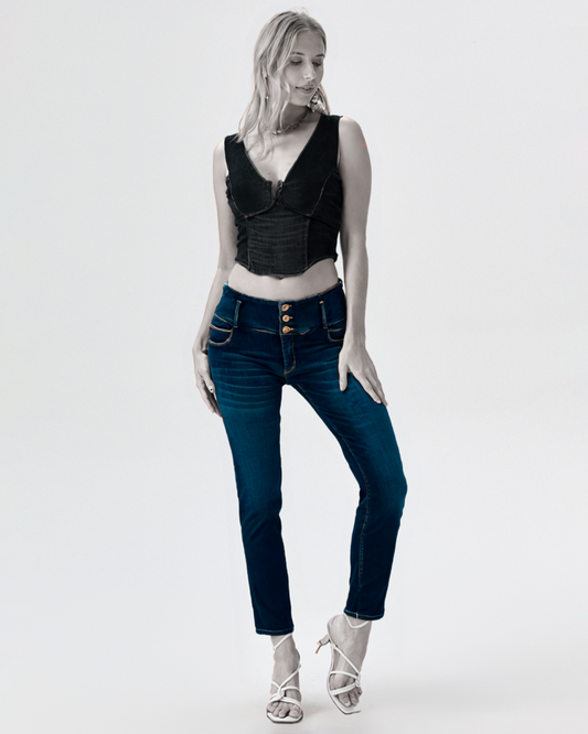 High-Waist Dark Blue Pants with Brown Stitching
