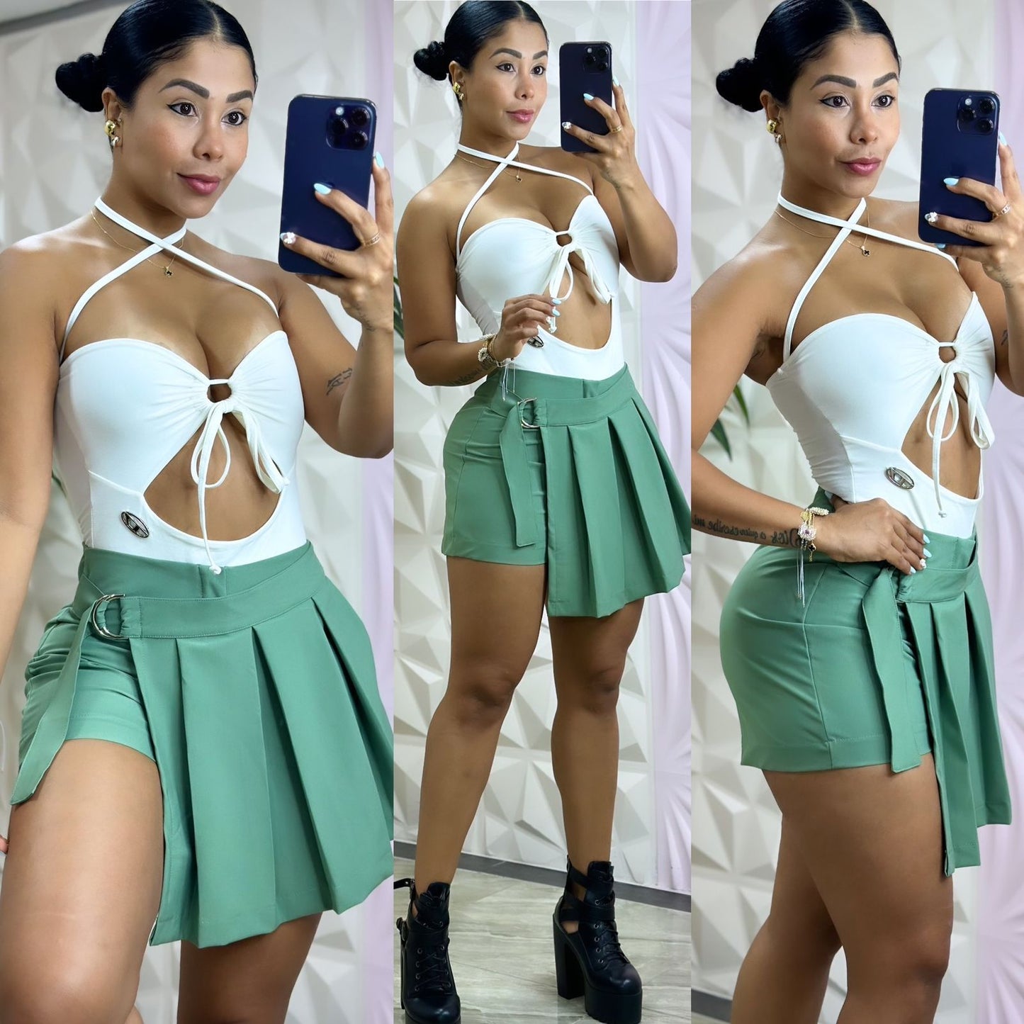 Skirt set with crossed bodysuits and open front