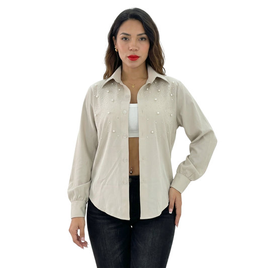 Long Sleeve Button Down Collar Shirt with Diamond and Pearl Designs