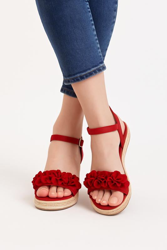 Sandals - with a 3-flower design on the front, straw edge tied on the side